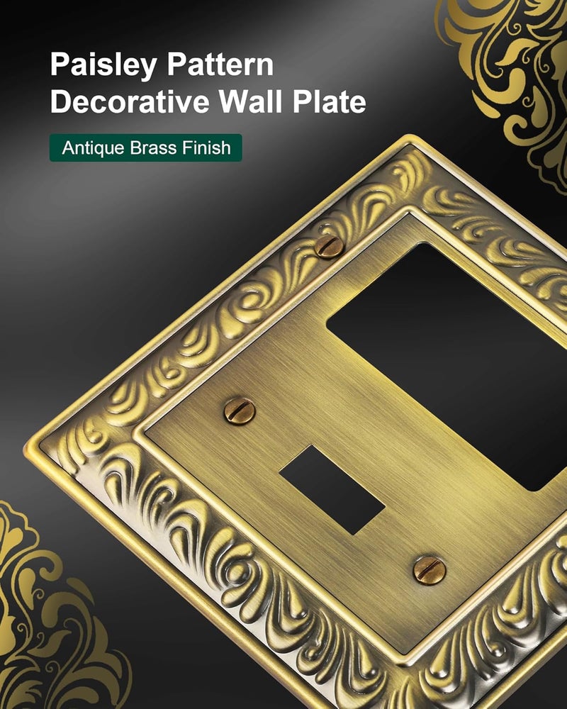 treewell 2-Pack Combo Toggle/Decorator Light Switch Cover Plate, Paisley Pattern Decorative Wall Outlet Cover Plate, Antique Brass Electrical Outlet Covers, Metal Wall Switch Plates and Outlet Covers - Image 3